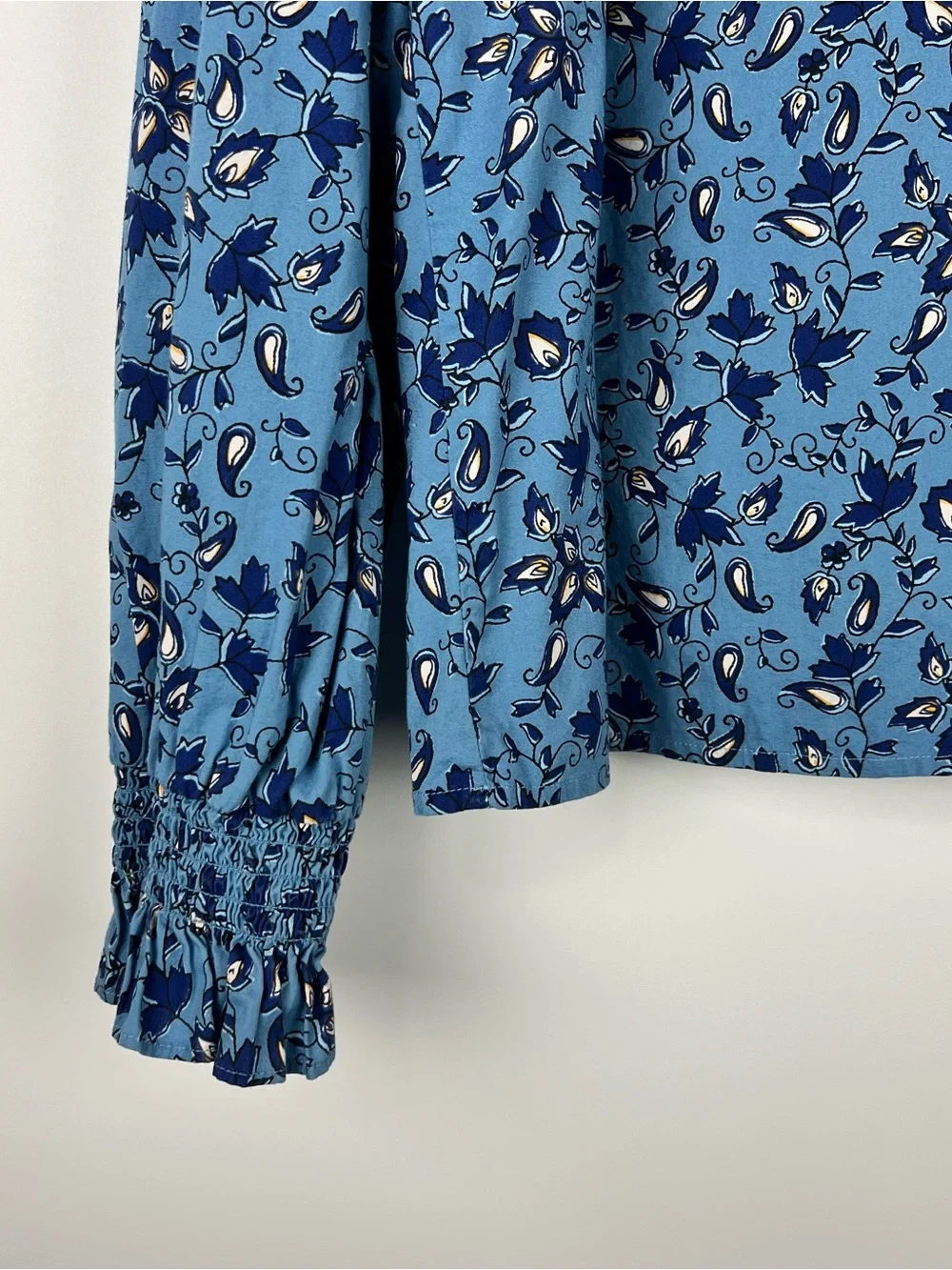 J. Crew Floral Paisley Printed Smocked Cuff Poplin Blouse Blue 2024 Size L